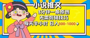 小说推文6.0，简单无脑，3分钟一个原创作品，每天半小时，日入300-1000...-Xiaobei云