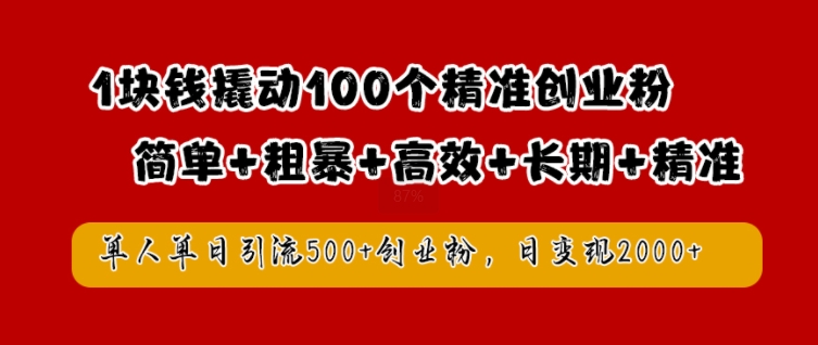 1块钱撬动100个精准创业粉，简单粗暴高效长期精准，单人单日引流500+创业粉，日变现2k【揭秘】-Xiaobei云