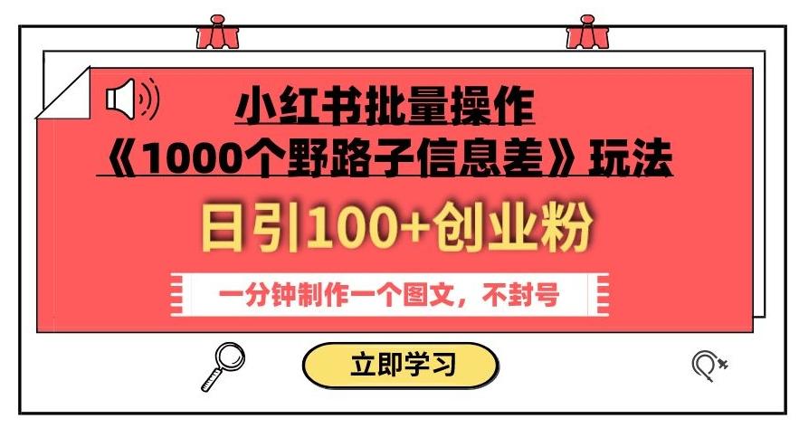小红书批量操作《1000个野路子信息差》玩法，一分钟制作一个图文，不封号，日引100+创业粉-Xiaobei云