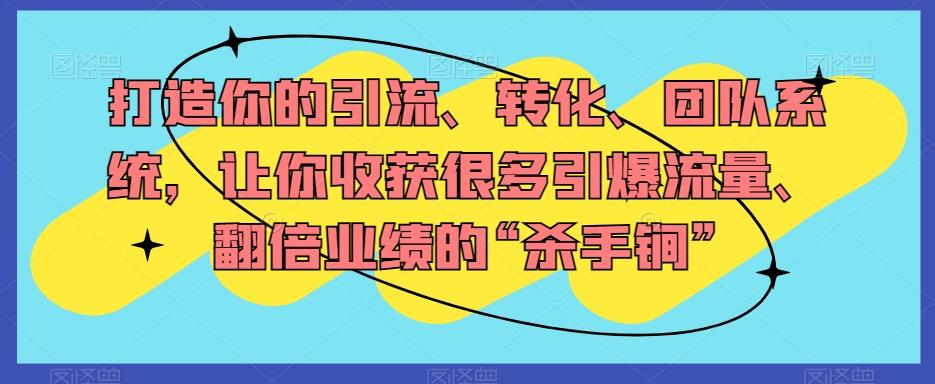 打造你的引流、转化、团队系统,让你收获很多引爆流量、翻倍业绩的“杀手锏”