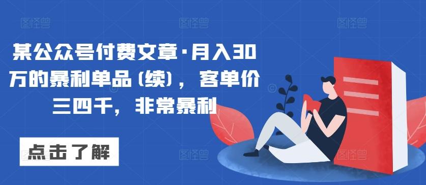 某公众号付费文章·月入30万的暴利单品(续)，客单价三四千，非常暴利-Xiaobei云